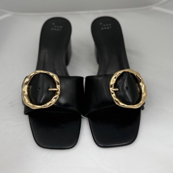 A New Day Womens Faux Leather Slides With Gold Buckle Black Sz 11 Block Heel - Picture 2 of 10
